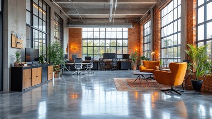 Poster - Bright and airy office space with large windows letting in natural light. Plants are placed throughout, and comfortable seating invites relaxation in a tranquil work atmosphere.