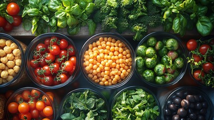 Sticker - Fresh assortment of colorful vegetables and legumes arranged in bowls, showcasing healthy ingredients