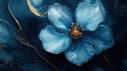elegant blue flower on dark gold abstract background.
