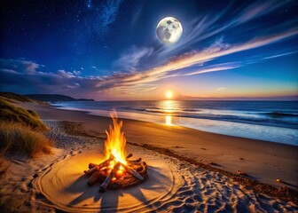 serene night beach bonfire: full moon, calm ocean, drone view