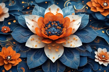 Vibrant Digital Art of a Stylized Blue and Orange Lotus Flower with Intricate Patterns

