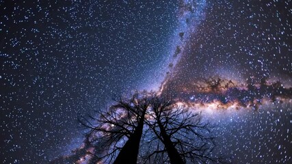 Aufkleber - A night sky photography concept focusing on astrophotography trends, with stars and galaxies forming mesmerizing patterns above minimal silhouettes of trees.