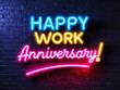 © Malinda - Bright neon work anniversary sign glowing against a dark blue brick wall. perfect for workplace appreciation visuals, corporate greetings, and digital party invites.