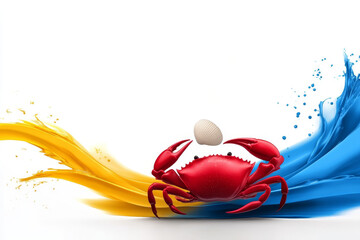 Crab and Colorful Splashes - A vibrant image of a red crab holding a shell, set against a backdrop of dynamic yellow and blue paint splashes.