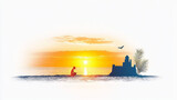 A Watercolor Silhouette of a Couple Building a Dream - Serene sunset, a couple's silhouette, a sandcastle, hope, and peaceful dreamscape.  Symbolizing love, building a future, tranquility