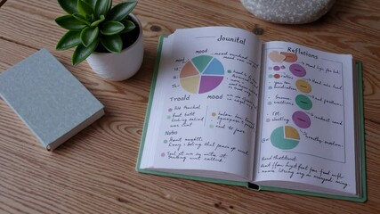 Leinwandbilder - A soft, pastel illustration of a mindfulness journal, open to a mood tracker page, reflecting the ongoing interest in mental health and self-care.