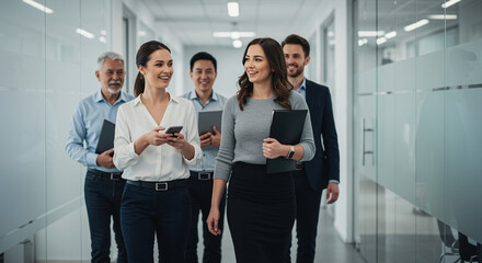 Wall Mural - Business professionals walking together in a modern office environment