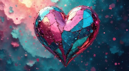 Wall Mural - a vibrant, fractured heart shape, adorned with jewel-toned hues and glistening droplets, floats amid