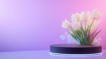 Wall Mural - elegant white tulips on neon pedestal against pastel gradient background