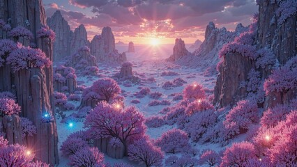 Wall Mural - A beautiful landscape with pink flowers and a bright sun in the sky