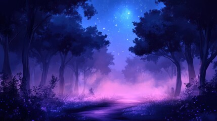 Poster - Mystical night forest path with glowing flowers and starry sky.