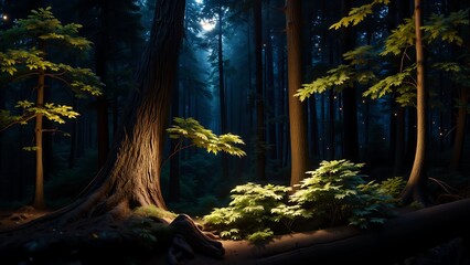 Wall Mural - A forest at night with trees lit up by the moon