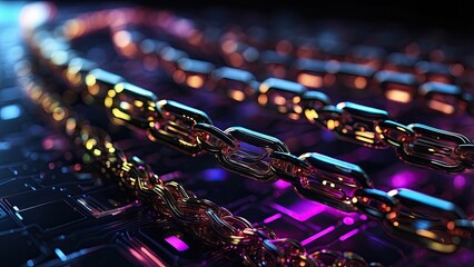 Digital illustration of a glowing blockchain concept with a close-up of a chain made of binary code