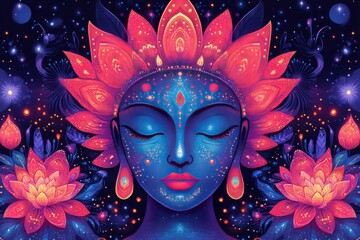 Wall Mural - Serene cosmic being adorned with vibrant flora.