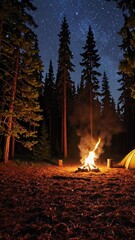 Fototapete - A cozy nighttime campsite scene with a glowing tent, a warm campfire,