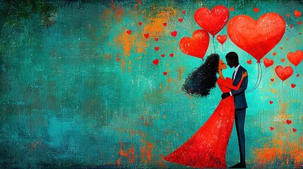 Wall Mural -   A painting portrays a man and woman embracing, surrounded by floating red heart balloons in the sky