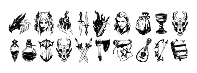 fantasy rpg icon set, hand drawn dark line magic tattoo, vector fairy tale black sign, elf character