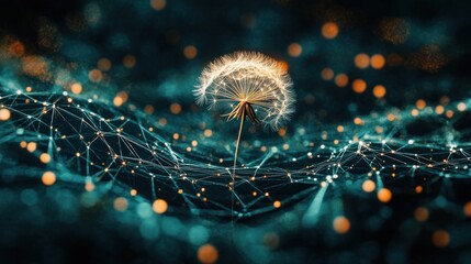 Wall Mural - dandelion seed head over glowing network.