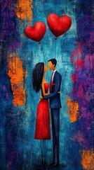 Wall Mural -   A man and woman embrace beneath two red heart-shaped balloons against a blue and purple backdrop in this painting