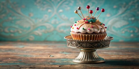 Vintage pincushion sitting atop an ornate metal cupcake , metal, old-fashioned,  metal, old-fashioned, home decor