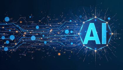 Abstract futuristic digital and technology on dark blue color background. AI(Artificial Intelligence) wording with the circuit design, Business, modern technology, internet and networking concept.