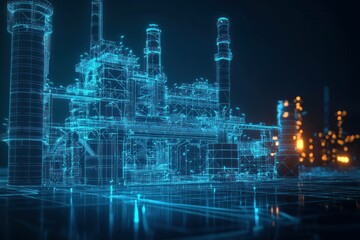 Wall Mural - futuristic industrial factory in neon wireframe, showcasing modern technology, vibrant blue tones, a