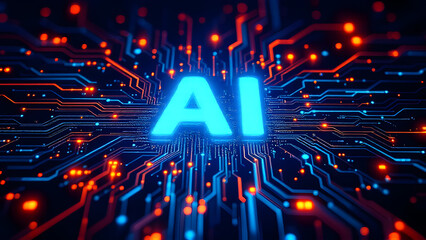 Fototapete - Artificial intelligence abstract background, AI chipset on circuit board. Technology concept design, Machine learning and generate by chip, illustration for banner and web template.