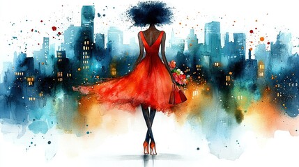 Wall Mural -   A watercolor painting of a woman in a red dress in front of a cityscape with skyscrapers