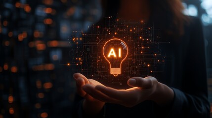 Wall Mural - innovative businessman or woman holding a glowing ai lightbulb surrounded by digital circuit pattern