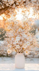 Wall Mural -   A snow-covered vase holds many white blossoms against a snowy background, framed by a nearby tree