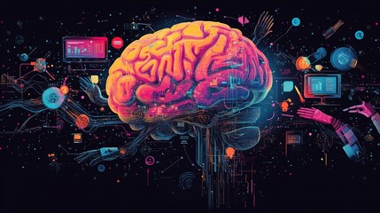 Wall Mural - collage art featuring a diverse ai brain with robotic arms performing tasks like designing and manag