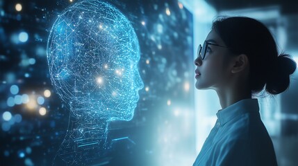 Wall Mural - a person interacts with an ai brain processor in a business setting, featuring data visualization, m
