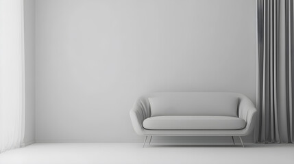 Wall Mural - a white sofa stands in an empty white room with grey curtains.