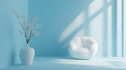 Wall Mural - the blue room is decorated with only a sofa and a vase of flowers, with light coming from the window
