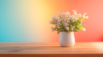 Wall Mural - a small vase of flowers sits on a wooden table with a colorful gradient background.