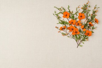 Poster - Vibrant orange flowers on a neutral textured background, creating a serene and uplifting atmosphere suitable for wellness concepts and nature inspired designs