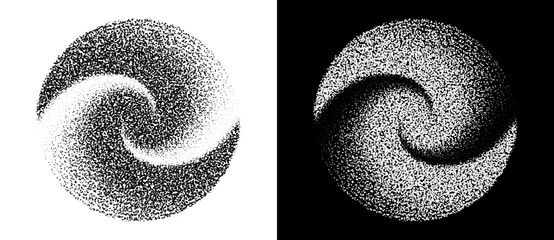 Fototapete - Abstract art background with dotted spiral. Stipple effect with chaotic noise. Black shape on a white background and the same white shape on the black side.