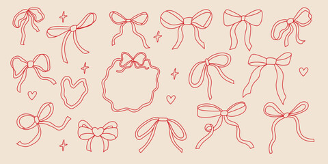 Collection of hand-drawn red bow designs showcasing various styles and shapes for decorative purposes