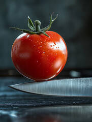 Poster - A ripe tomato balanced on a knife blade in a kitchen.