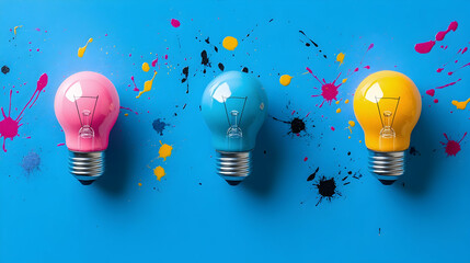 Sticker - Colorful glowing idea light bulbs on a blue background painted with paint splashes, symbolizing innovation and creativity  -