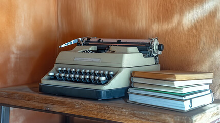 Vintage typewriter and stack of books on rustic wooden shelf against a warm wood backdrop.  Perfect for nostalgic, literary, or educational projects. Evokes feelings of history and creativity.