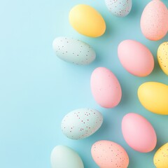 Wall Mural - Pastel Easter eggs on blue background. Holiday celebration