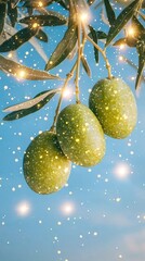 Wall Mural -   Two green olives dangle from a tree as snow descends onto the surrounding area and a blue sky looms above