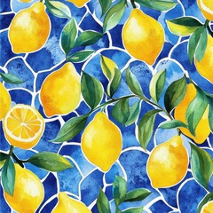 Wall Mural - Lemons, leaves, blue mosaic background, summer fruit pattern