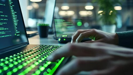 Software developer focused on a screen showing code, typing on a transparent mechanical keyboard with green backlight