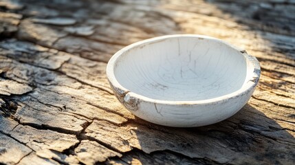 Wall Mural - Rustic White Bowl on Textured Wooden Surface with Natural Lighting