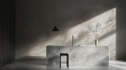 A kitchen with a countertop and a vase of flowers on it