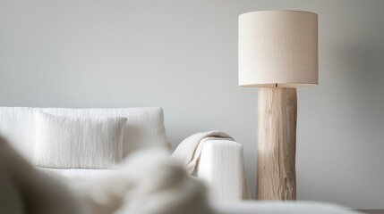 Wall Mural - A white couch with a white blanket on it and a lamp on a wooden base