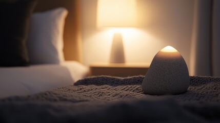 Wall Mural - A small white rock sits on a bedspread in a dimly lit room