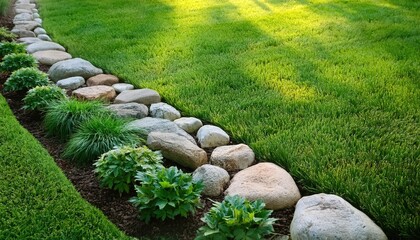 Wall Mural - Garden Landscaping with Stone Border and Lush Green Lawn 